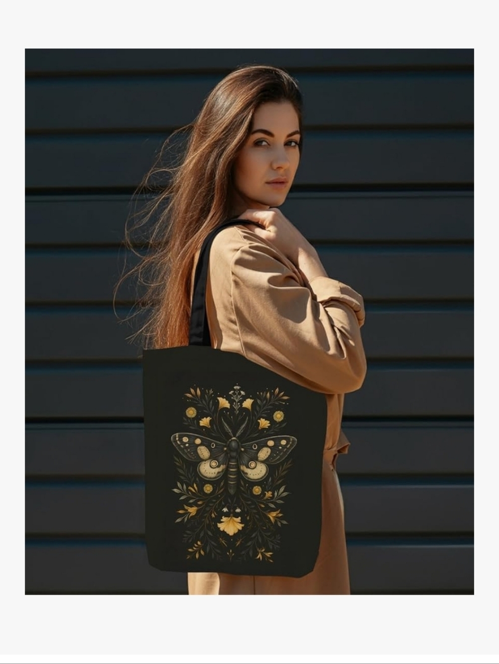 Black Botanical Insect Canvas Tote Bag for Women